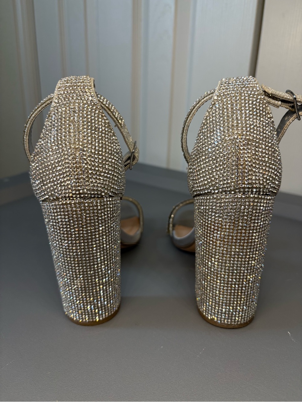 Steve Madden Silver Rhinestone Block Heel Sandals with Ankle Strap - Picture 4 of 7